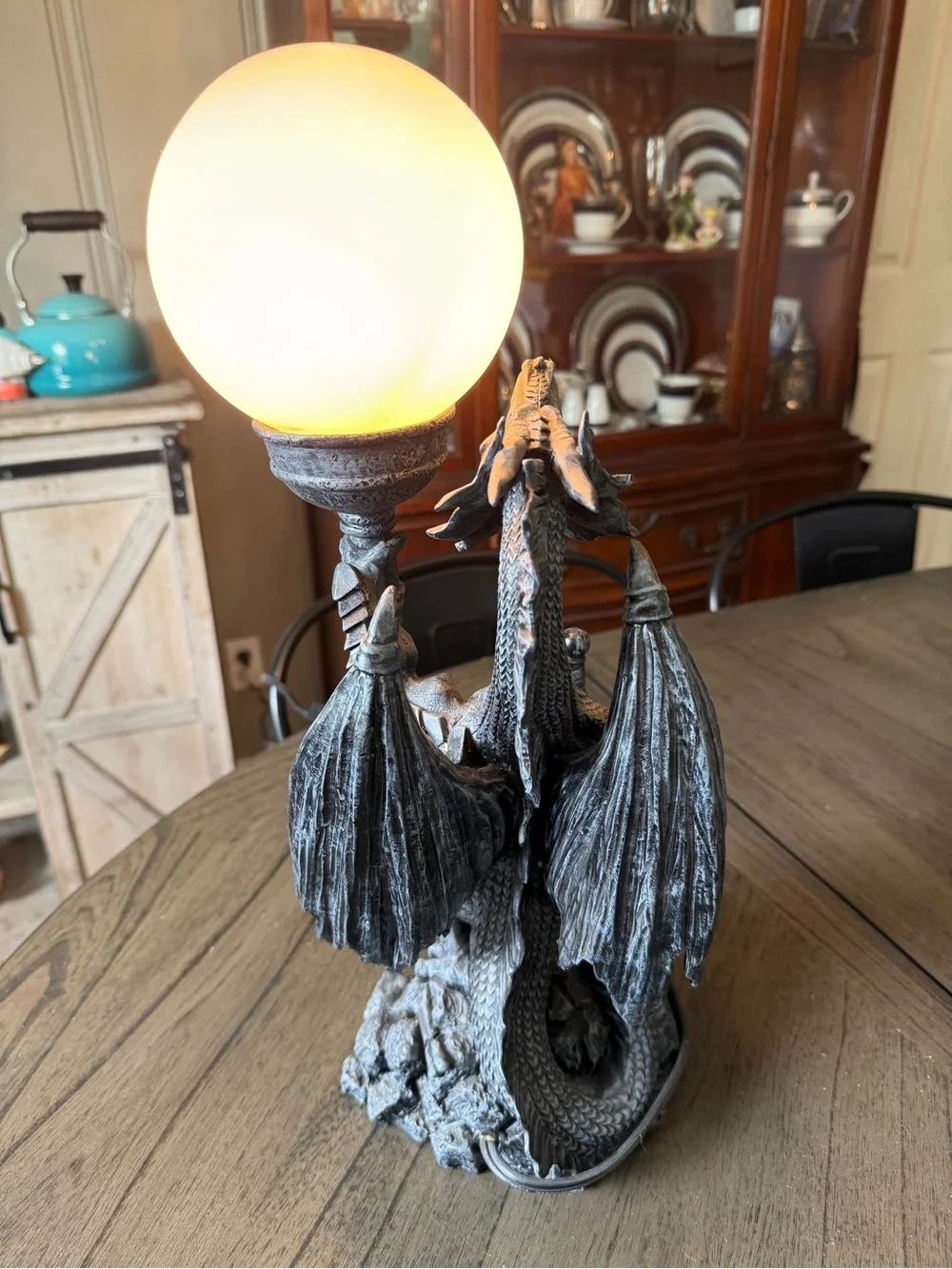 Gothic Dragon Table Lamp in Gray with Warm Globe. From early 2000's.